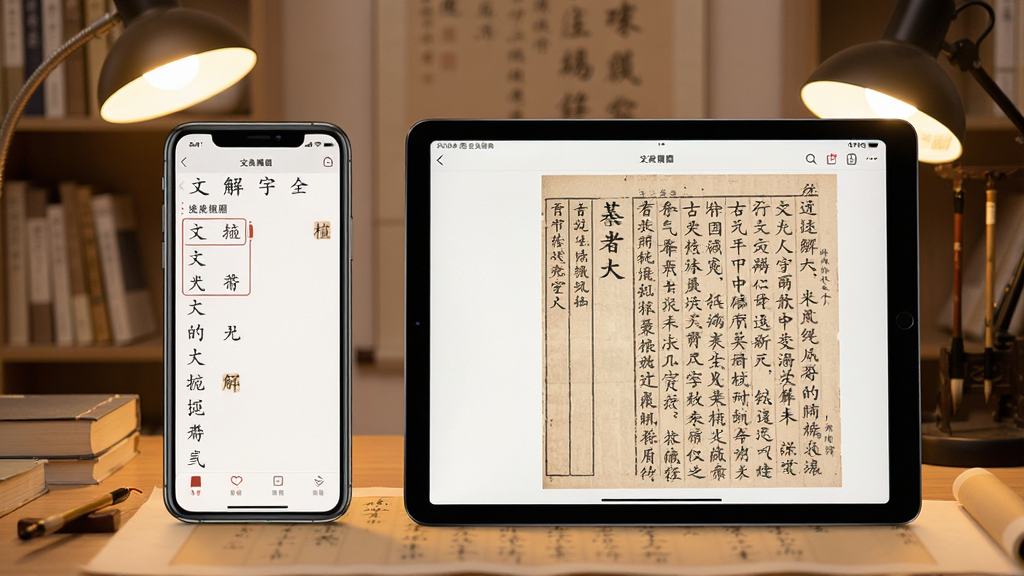 手机和平板电脑并排展示说文解字全文检索系统的移动端界面,屏幕上显示着汉字检索结果和古籍原文,背景是简洁的书房环境,暖色调灯光,画面清晰,排版美观,画质干净无多余元素