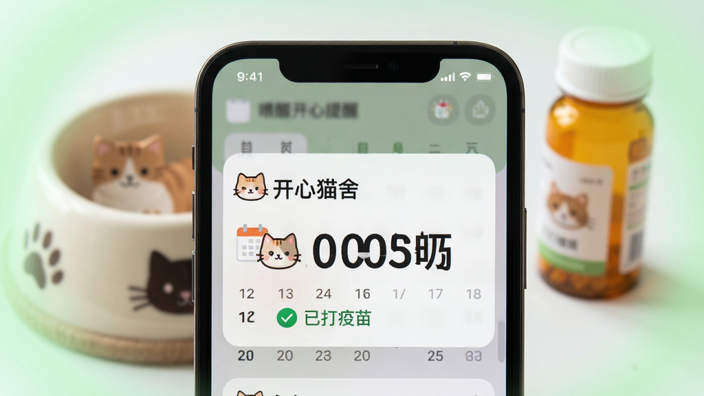 ��������Ϊ�ֻ���Ļ��д����ʾ������è�ᡱ��ι������֪ͨ������Ϊ�黯��è���ҩƿ�����ֲ������Ĺ�ͼ���ֻ���Ļռ�ݻ������룬��������͵�ǳ��ɫ���Ρ��Ű���ͻ������ʱ�����Ŀ���ֺͿɰ���è��ͼ�꣬���Ϊ��ƽ��UI��ƣ�ϸ�ڰ�����Ļ�ϵ�������Ǻ͡��Ѵ����硱����ɫ�Թ������ʸɾ��������޶���Ԫ�ء�
