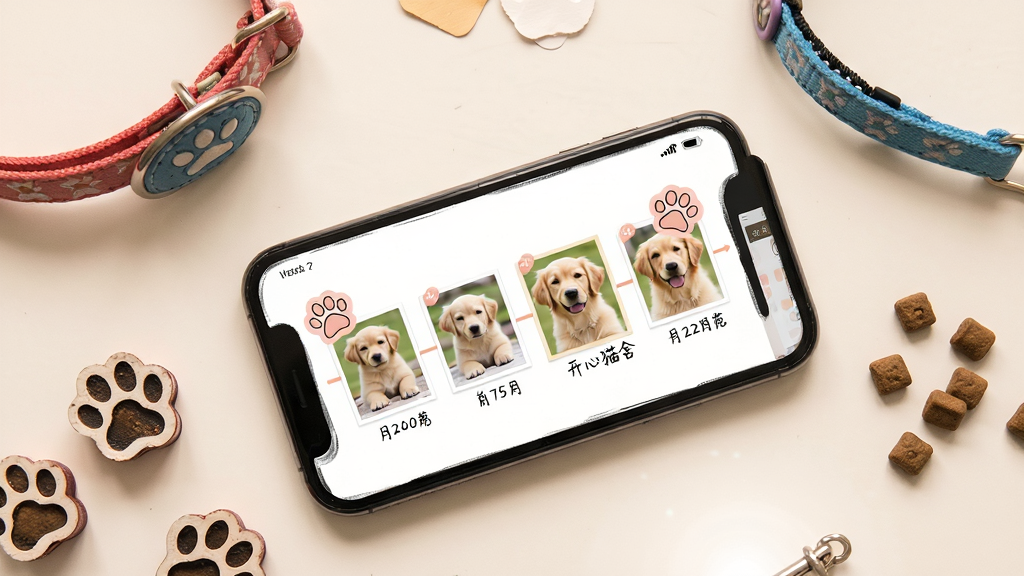 ��������Ϊһ�������ֻ�ƽ���������ϣ���Ļչʾ������è�ᡱAPP�еĳ��ﵵ��ҳ�棬����һֻ��ëȮ����Ȯ���������Ƭʱ���ᡣ����Ϊ���ӽǶȣ���Χɢ���ų�����Ȧ��צӡӡ�ºͼ��Ź������Ű��ϵ���ҳ���������࣬���Ϊ��Լ���˷磬ϸ�ڰ�����Ƭ��Ե�Ŀɰ���ֽ����д�����ڱ�ע�����������ů���ɾ��޶���Ԫ�ء�