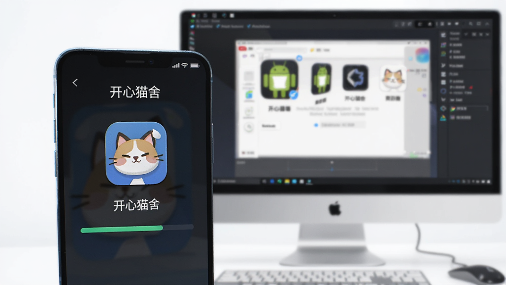 ��������Ϊһ���ֻ��������ذ�װ������è�ᡱAPP�������ǵ�����Ļ��ʾ��׿ģ�������档���ֲ����ֻ��������Ļǰ���Ӧ�ľ��ͼ�����Ϊ�ִ��Ƽ��в廭��ϸ�ڰ����ֻ���Ļ�ϵİ�װ�������͵����ϵ�ģ����ͼ�꣬�Ű�����չʾ�����豸�����������ɾ����޶���Ԫ�ء�