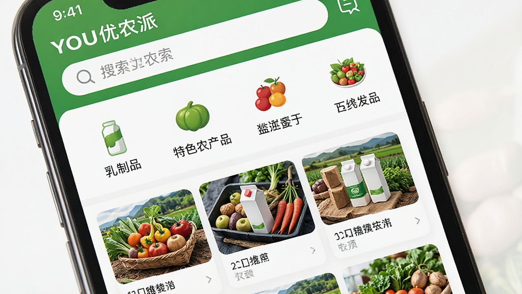 һ��չʾYOU��ũ��APP�����ͼ��ͼƬ������Ϊ�ֻ���Ļ����Ļ��������ʾ��YOU��ũ�ɡ�APP��ҳ�����ְ����������������в���Ʒ����ͼ�꣨����Ʒ����ɫũ��Ʒ�ȣ����·���Ʒ�Ƽ��ٲ�����������������Ȼ������ɫ�Ͱ�ɫΪ��ɫ��������ɾ�������ϸ�ڷḻ�����ʸ��壬�޶���Ԫ��