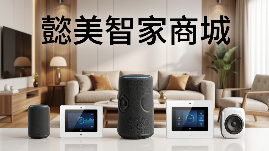 一幅展示现代智能家居客厅场景的图片,主体为“懿美智家商城”的品牌形象展示,画面中央摆放着智能音响、智能面板等设备,背景是温馨的客厅环境。布局采用对称构图,产品排列整齐,突出科技感与生活感融合。风格为写实渲染,细节丰富,画质高清,干净无多余元素。图片上可叠加文字“懿美智家商城”。