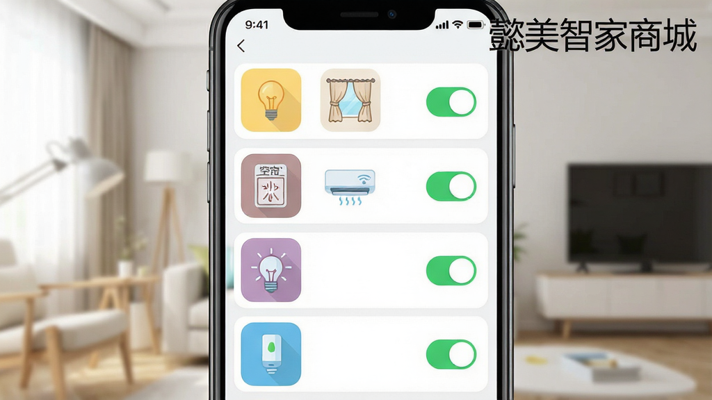 一张展示智能家居设备联动控制的界面截图预览图,主体为手机App控制界面,显示灯光、窗帘、空调等多个设备图标。布局为列表式排列,每个设备配有开关状态。风格为扁平化UI设计,色彩清新明亮,细节清晰,画质干净,无多余元素。图片上标注“懿美智家商城”。
