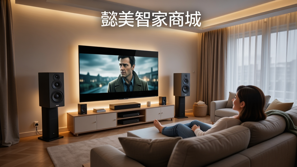 一幅展示家庭影音系统效果的场景图,主体为客厅中配备大屏电视和环绕音响,画面中有人在沙发上观看电影。布局为广角镜头,突出屏幕画面与音响摆位。风格为写实摄影感,光线柔和,细节丰富,画质高清,干净无多余元素。图片上可加入文字“懿美智家商城”。