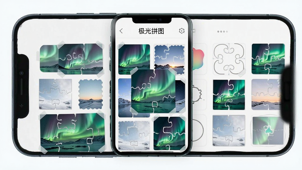 极光拼图软件主界面预览图,展示手机屏幕中多张照片自由拼贴的编辑场景,界面简洁明亮,各种模板缩略图整齐排列,顶部有“极光拼图”品牌字样,整体风格现代时尚,画质清晰,干净无多余元素