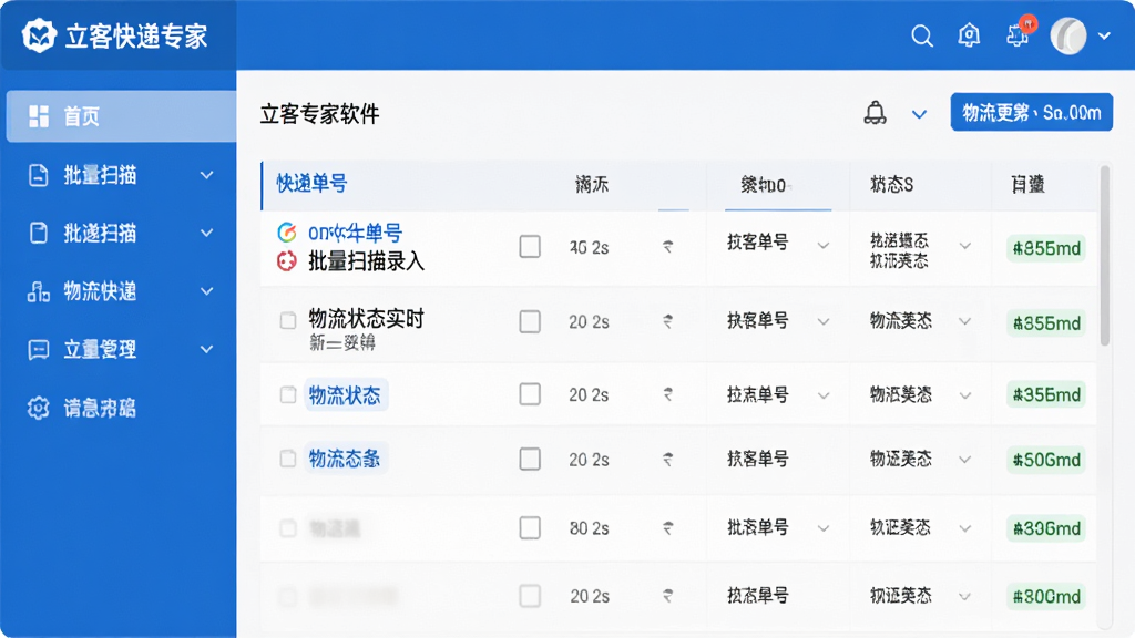 立客快递专家软件主界面预览图,展示快递单号批量扫描录入、物流状态实时更新的功能面板,界面采用蓝白配色,布局清晰,左侧功能导航栏,右侧数据列表,现代简约风格,高清画质,干净无多余元素