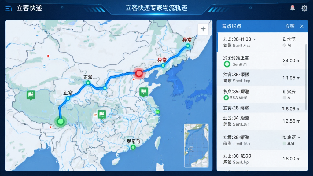 立客快递专家物流轨迹追踪界面截图,地图上显示包裹运输路径,列表展示各节点时间记录,绿点表示正常,红点表示异常,界面科技感强,蓝色主色调,高清显示,干净整洁