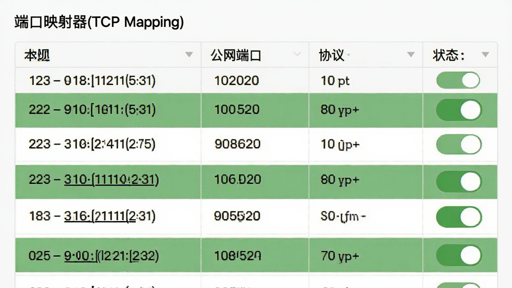 端口映射器(TCP Mapping)的多规则管理界面截图,主体为表格形式的规则列表,每行显示本地地址、公网端口、协议类型和状态开关,布局整齐,浅色背景,绿色高亮显示运行中的规则,画面干净,文字清晰可见。