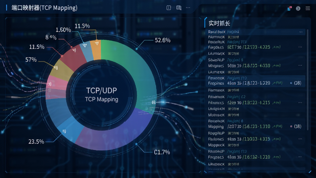 端口映射器(TCP Mapping)的协议分析面板示意图,主体为彩色环形图表展示TCP/UDP流量分布,右侧为实时抓包列表,深蓝色科技风格,数据线条流畅动态,画质细腻,突出智能识别功能。