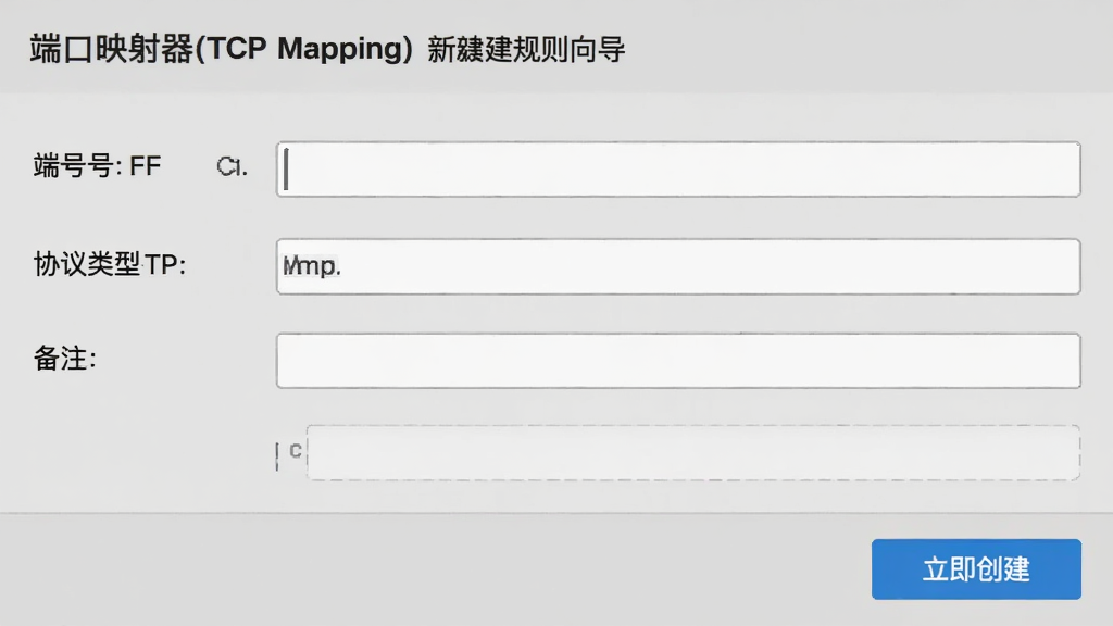 端口映射器(TCP Mapping)的新建规则向导截图,主体为简洁的表单页面,包含端口号、协议类型、备注等输入框,下方有“立即创建”按钮,整体为扁平化设计,浅灰底色,蓝色按钮醒目,画质干净。