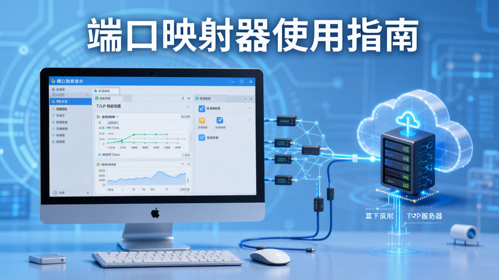 端口映射器(TCP Mapping)的使用教程示意图,主体为电脑屏幕显示软件运行界面,旁边有网络连接线连接到云端服务器,背景为浅蓝色科技感场景,整体布局清晰,教育风格,画质细腻,文字标注“端口映射器使用指南”。