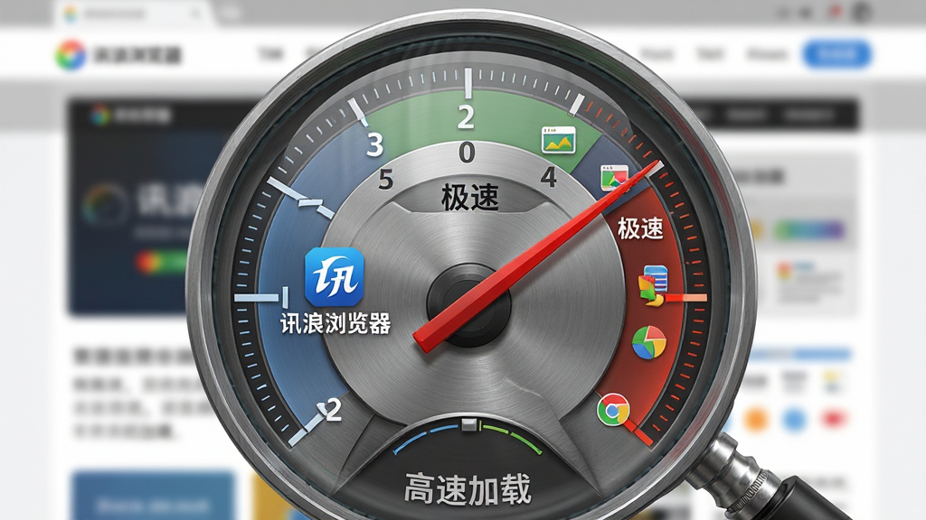 主体:放大镜下的浏览器速度仪表盘,指针指向“极速”区域。布局:仪表盘左侧为“讯浪浏览器”logo,右侧为多个小图标代表网页元素。排版:中心对称,红色指针醒目。风格:写实科技风,金属质感。细节:仪表盘边缘有“高速加载”文字,背景虚化显示网页轮廓。画质:高分辨率,干净背景,无多余元素。