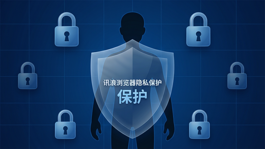 主体:一个人形轮廓被半透明盾牌覆盖,周围有锁形图标。布局:人形位于中央,盾牌覆盖全身,锁头分布在四周。排版:对称,视觉安全感强。风格:拟物化,深蓝色调。细节:盾牌上印有“讯浪浏览器隐私保护”字样,背景为网格线。画质:高保真,干净无杂物。