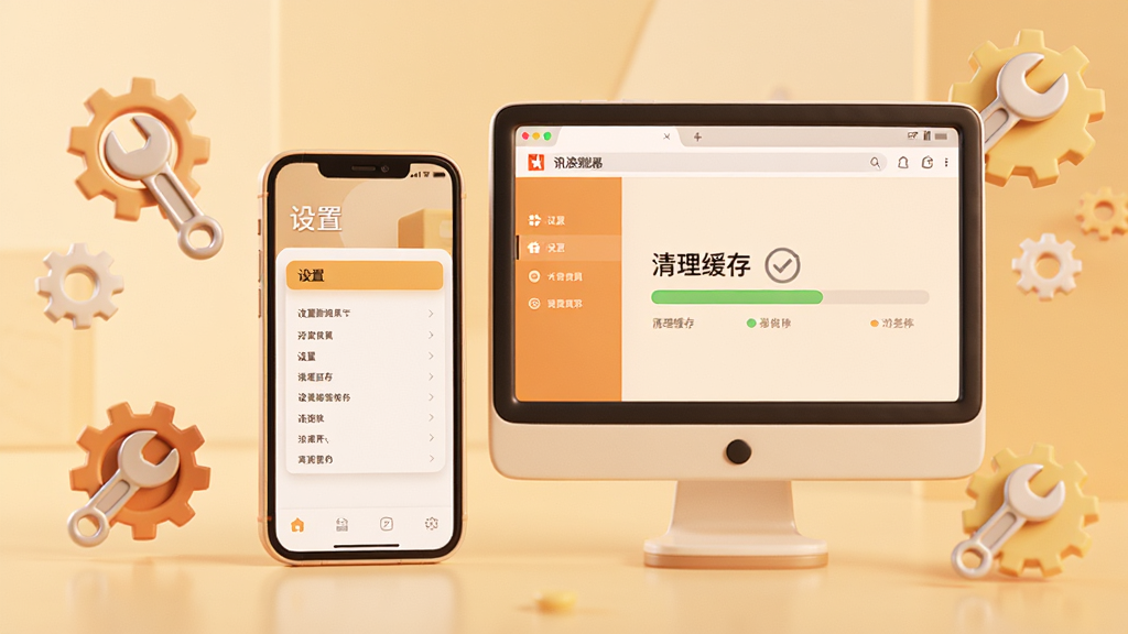 主体:手机与电脑并排,屏幕显示讯浪浏览器界面,周围有齿轮和扳手图标。布局:设备居中,操作图标环绕。排版:横向排列,整洁。风格:3D渲染,暖色调。细节:手机屏幕上有“设置”菜单,电脑屏幕显示“清理缓存”进度条。画质:高分辨率,干净无杂物。