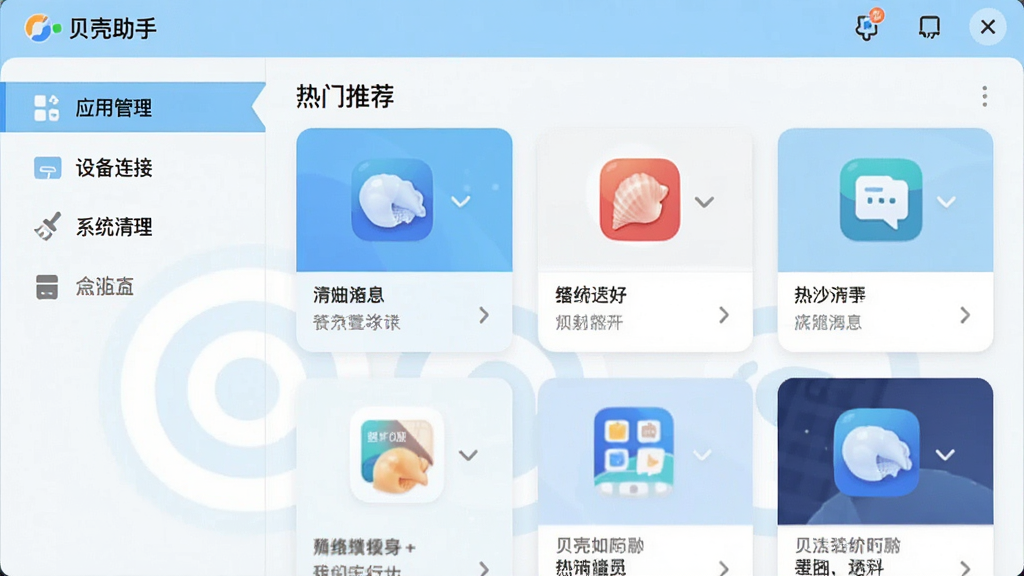 贝壳助手主界面展示,左侧功能导航栏清晰列出“应用管理”、“设备连接”、“系统清理”等模块,右侧内容区展示热门应用推荐卡片,采用扁平化设计风格,主色调为浅蓝色与白色搭配,界面布局规整,图标精致,整体画质清晰,干净无多余元素。
