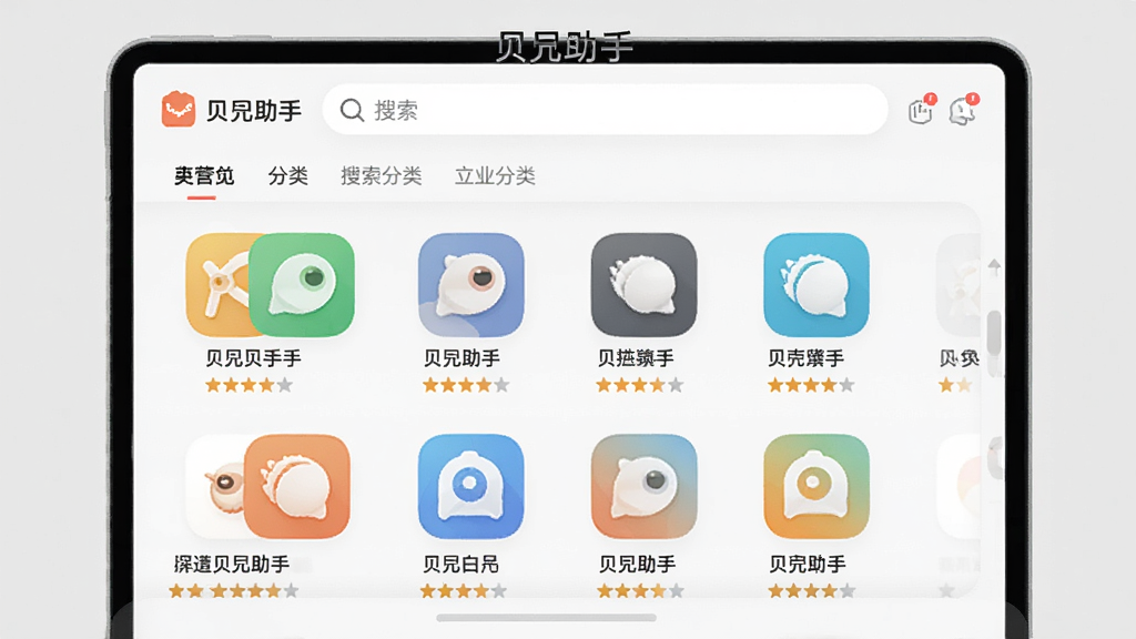 贝壳助手应用商店页面,屏幕上整齐排列着各类软件图标,每个图标下方标注名称和评分,顶部有搜索栏和分类标签,背景为浅灰色,界面明亮清晰,突出“贝壳助手”品牌标识,画质细腻,干净无多余元素。