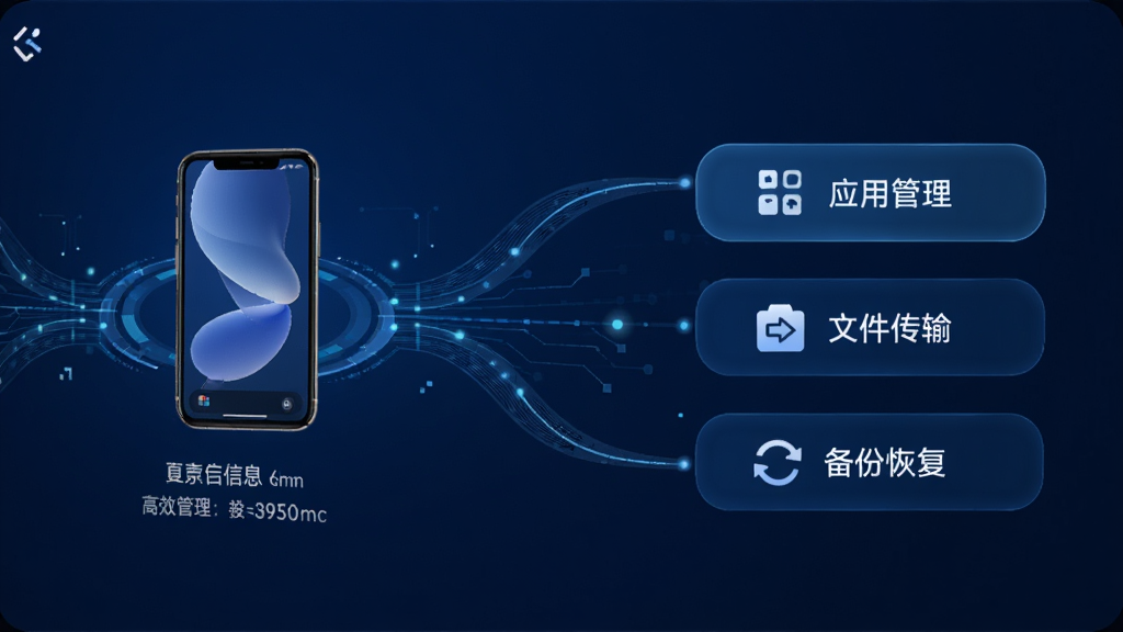 贝壳助手设备连接界面,左侧显示手机设备缩略图与基本信息,右侧提供“应用管理”、“文件传输”、“备份恢复”等操作按钮,界面采用深蓝色科技感设计,数据线条流动,突出智能连接与高效管理,画质高清,干净无多余元素。
