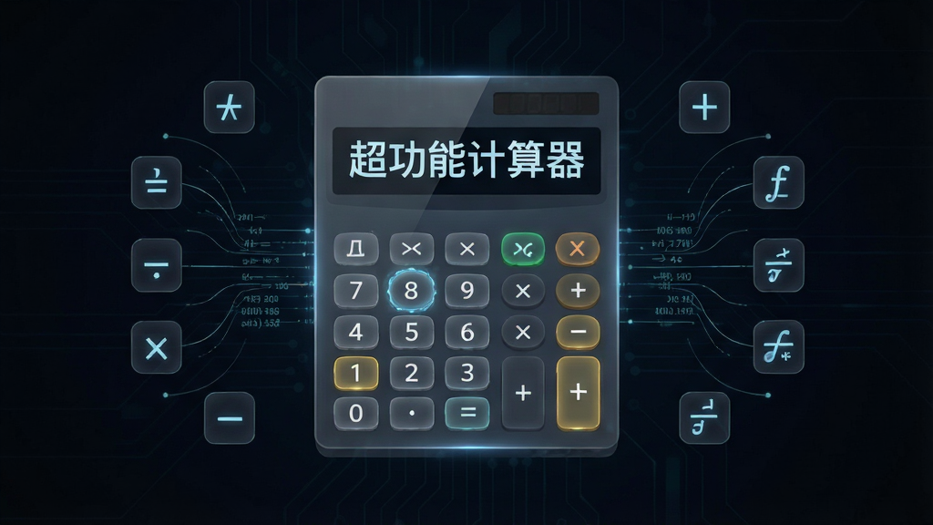 画面主体为超功能计算器软件主界面展示,采用深色科技感背景,中央悬浮一个半透明的计算器面板,屏幕上有“超功能计算器”字样,周围环绕各种数学符号和函数图标,布局对称,排版清晰,风格现代简约,细节包括按键发光效果、数据流动线条,画质高清,干净无多余元素