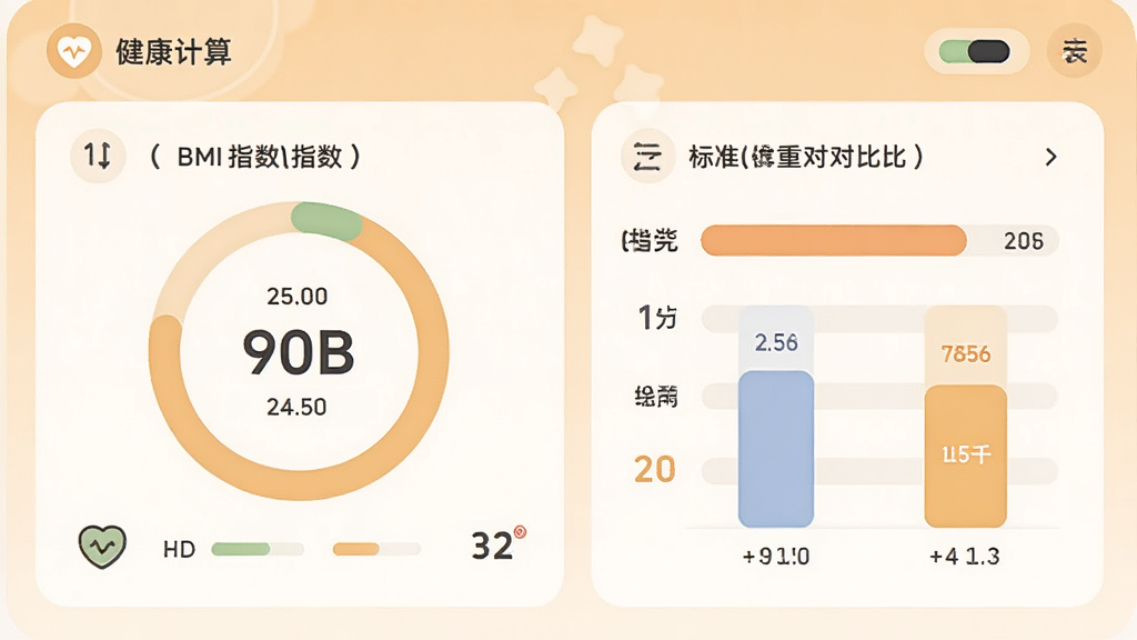 画面主体为超功能计算器的健康计算界面,显示BMI指数圆环和标准体重对比表,布局为左右分栏,排版直观,风格柔和暖色系,细节包括健康指标图标、数据条,画质高清,干净无多余元素