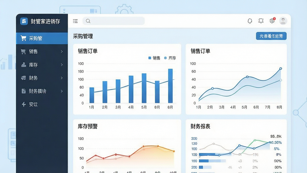 一张展示财管家进销存仓库管理软件主界面的图片,界面布局清晰,左侧菜单栏显示采购、销售、库存、财务等模块,中央为数据看板,包含柱状图和趋势线,背景为浅蓝色商务风格,画面整洁明亮,文字标签标注“采购管理”、“销售订单”、“库存预警”、“财务报表”,整体风格现代简约,画质高清干净