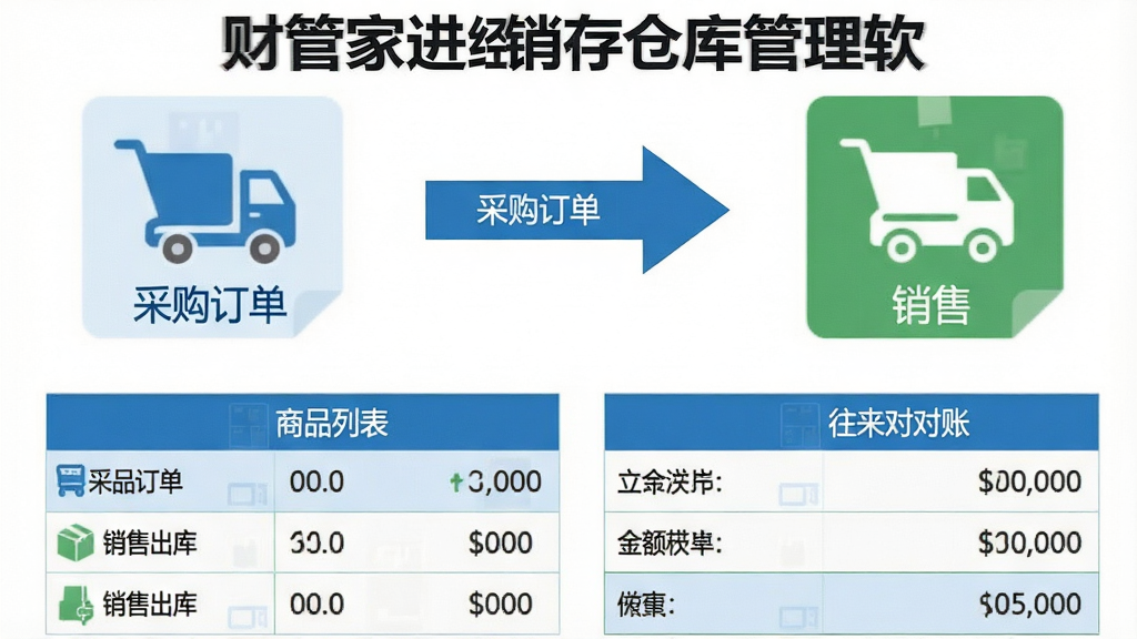 一张财管家进销存仓库管理软件采购销售流程图风格的图片,左侧为采购模块图标,右侧为销售模块图标,中间有箭头连接,下方是商品列表和金额汇总表格,整体采用扁平化设计,主色调为蓝色和绿色,画面干净无多余元素,文字标签“采购订单”、“销售出库”、“往来对账”清晰可见