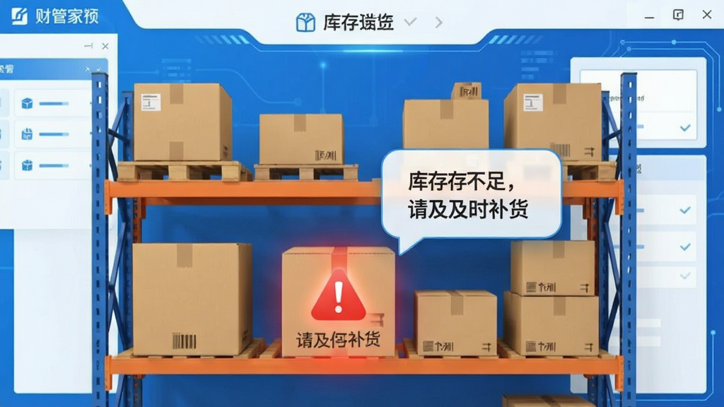 一张财管家进销存仓库管理软件库存预警功能的截图风格图片,画面中央是一个仓库货架,货架上摆放着各种纸箱,其中一个纸箱发出红色感叹号图标,旁边悬浮着“库存不足,请及时补货”的提醒气泡,背景为蓝白科技感界面,线条流畅,画质清晰干净