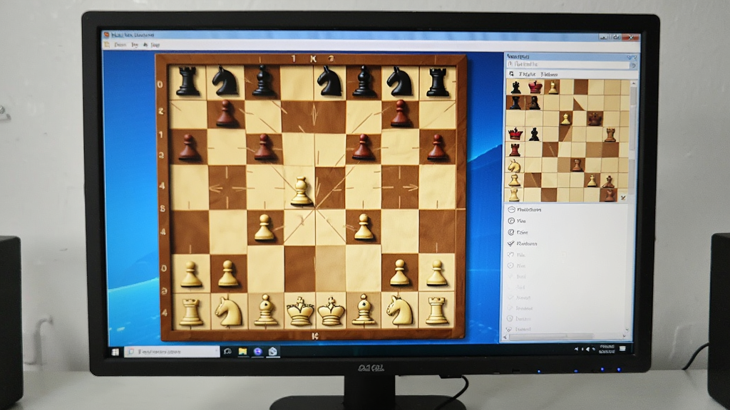 一张象棋桥软件在电脑上运行的实拍图,屏幕中显示棋盘和棋谱列表,周围环境整洁,画面明亮,风格写实,画质清晰,无多余元素