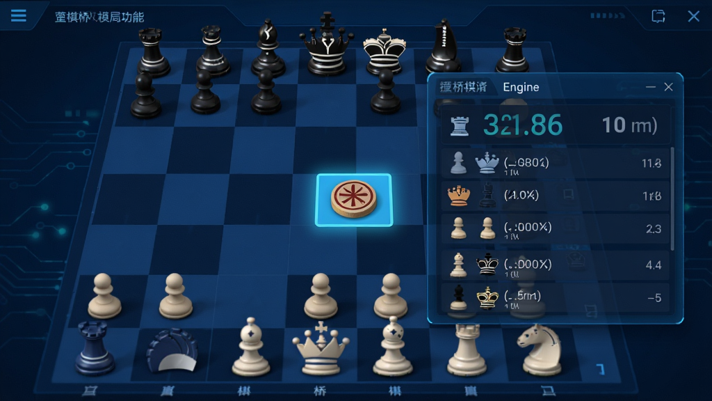 一张显示象棋桥棋局分析功能的界面截图,棋盘中央有一枚棋子被高亮标记,旁边浮动窗口展示着引擎评估分数和推荐招法列表,界面配色以深蓝色为主,科技感十足,画质清晰,无多余元素