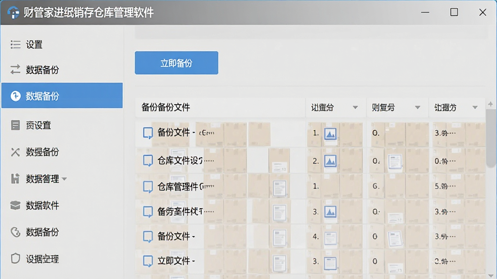 一张财管家进销存仓库管理软件数据备份设置的截图风格图,画面为软件设置界面,左侧菜单栏高亮“数据备份”,右侧显示“立即备份”按钮和备份文件列表,背景为浅灰色,界面简洁,文字清晰,整体风格干净专业