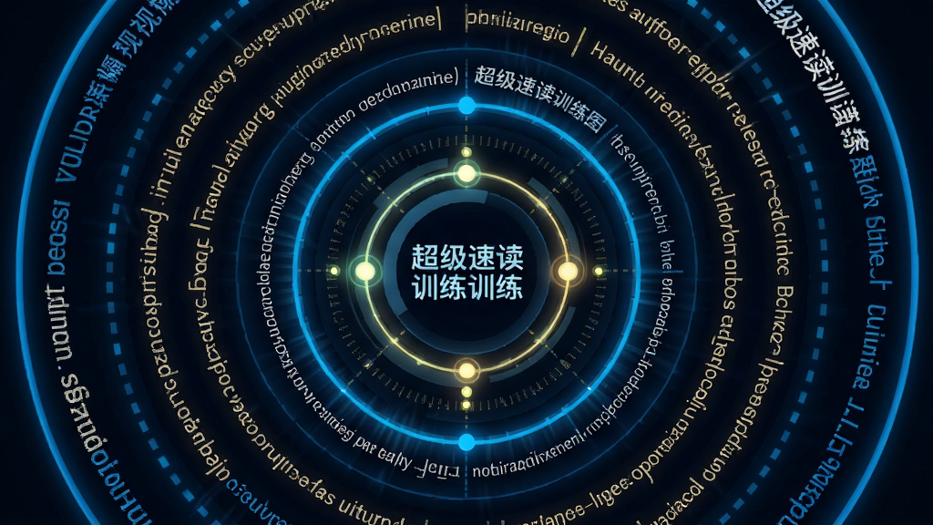 主体:超级速读训练图视幅扩展训练界面,布局:中心聚焦点与四周扩散文字,排版:同心圆式,风格:动感明亮,细节:训练点高亮,文字清晰,画质:高清,干净,无多余元素