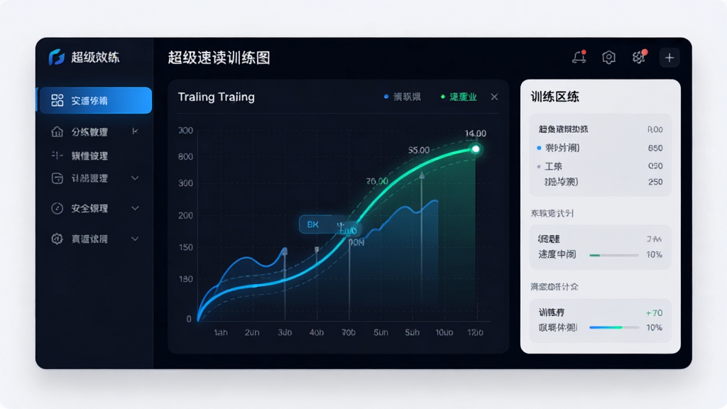 主体:超级速读训练图软件界面展示,中央是训练图表与速度曲线,布局:左侧功能菜单,右侧训练区域,排版:清晰分层,风格:现代科技感,细节:界面高亮显示训练进度,画质:高清,干净,无多余元素