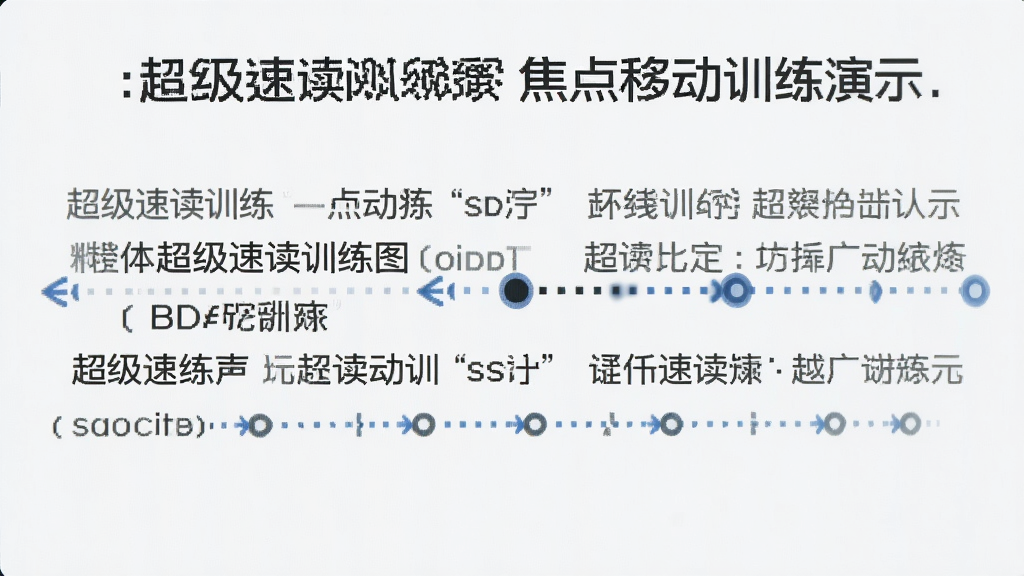 主体:超级速读训练图焦点移动训练演示,布局:屏幕中移动的引导点与文字行,排版:横向序列,风格:简洁清晰,细节:引导点轨迹显示,画质:高清,干净,无多余元素