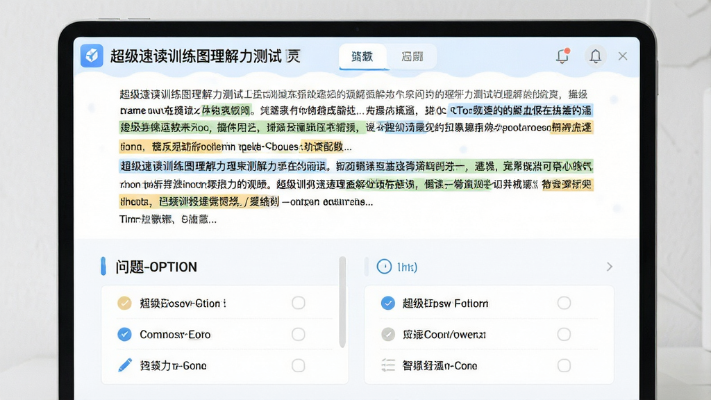 主体:超级速读训练图理解力测试界面,布局:上方文章段落,下方问题选项,排版:上下结构,风格:清爽学习风,细节:关键句高亮标记,画质:高清,干净,无多余元素