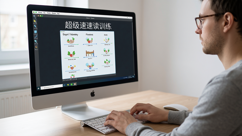 主体:用户正在使用电脑版超级速读训练图,布局:电脑屏幕显示训练界面,用户双手放在键盘上,排版:侧面视角,风格:真实场景,细节:屏幕内容清晰可见,画质:高清,干净,无多余元素