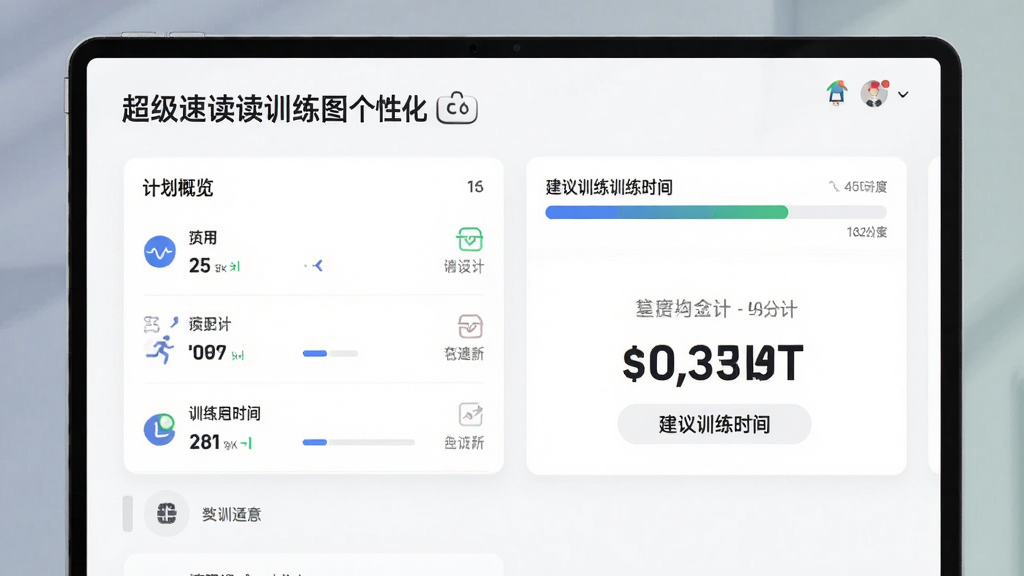 主体:超级速读训练图个性化训练计划页面,布局:计划概览与进度条,排版:卡片式,风格:简约商务,细节:建议训练时间醒目,画质:高清,干净,无多余元素