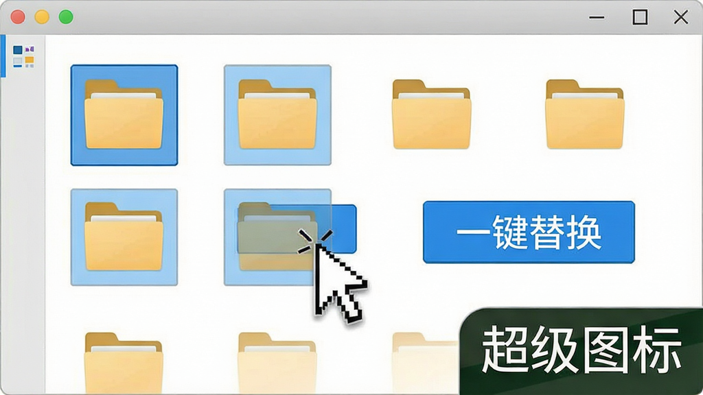 一张电脑操作示意图,鼠标指针点击一个按钮,同时屏幕上多个文件夹图标被高亮选中,旁边有“一键替换”按钮,背景为软件操作界面,界面简洁,画质清晰,干净无多余元素,图片中带有“超级图标”软件名称。