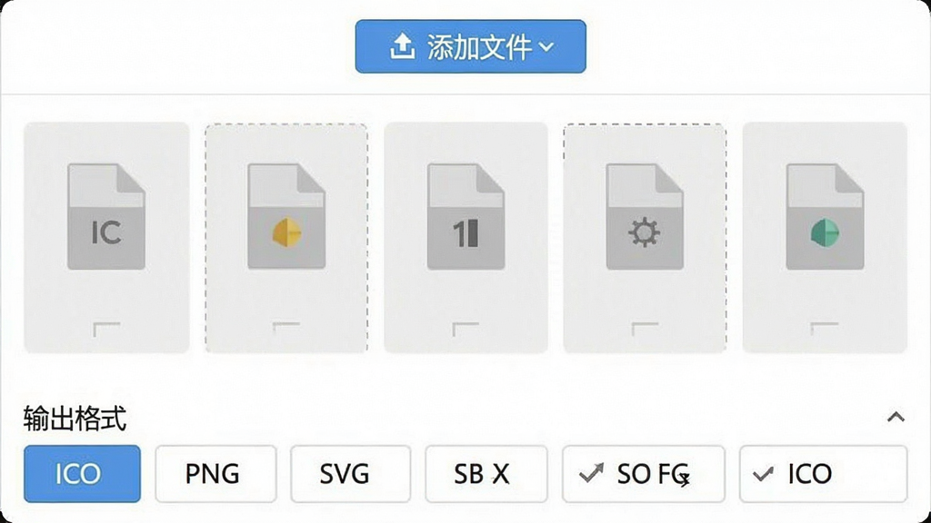 一张展示超级图标软件格式转换功能的界面截图,界面上方有“添加文件”按钮,中间有多个文件拖拽区域,下方有输出格式选项(ICO、PNG、SVG等),整体风格简洁,背景为白色,画质干净,无多余元素。