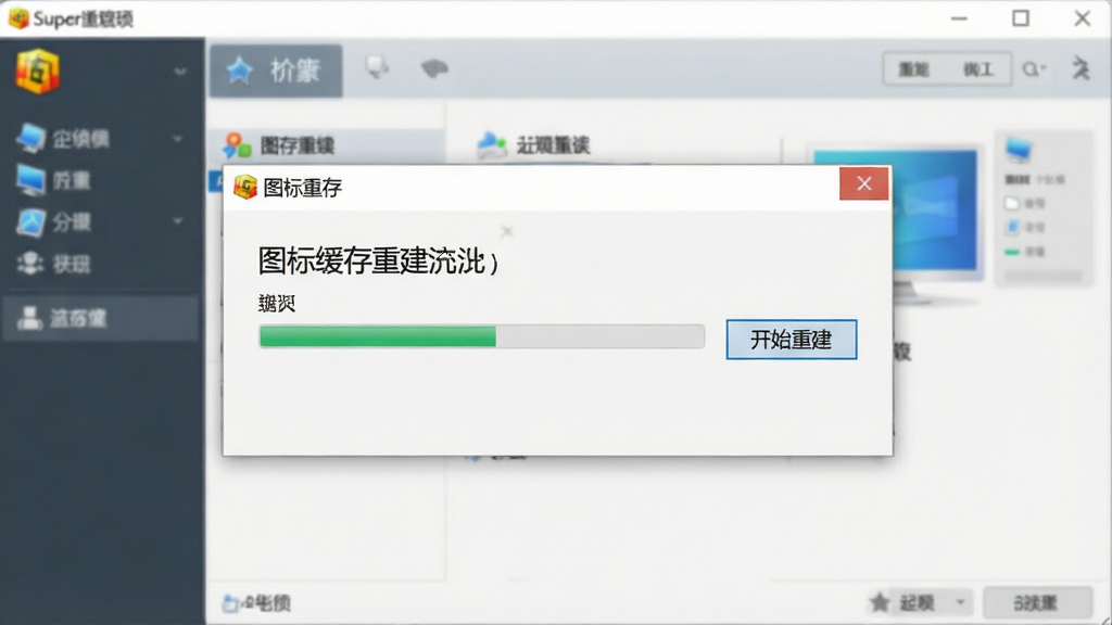 一张电脑屏幕截图,显示超级图标软件的“图标缓存重建”功能界面,界面中有一个进度条,旁边有“开始重建”按钮,背景为软件主界面,风格简洁,画质干净,无多余元素。