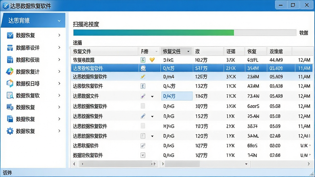 一张专业的数据恢复软件界面截图,主体为达思数据恢复软件主窗口,左侧功能列表清晰可见,右侧显示扫描进度条和恢复文件列表,布局规整,排版简洁,风格为现代商务软件界面,细节包含蓝色主题色、白色背景、数据列表高亮显示,画质清晰干净,无多余元素,界面文字标注“达思数据恢复软件”