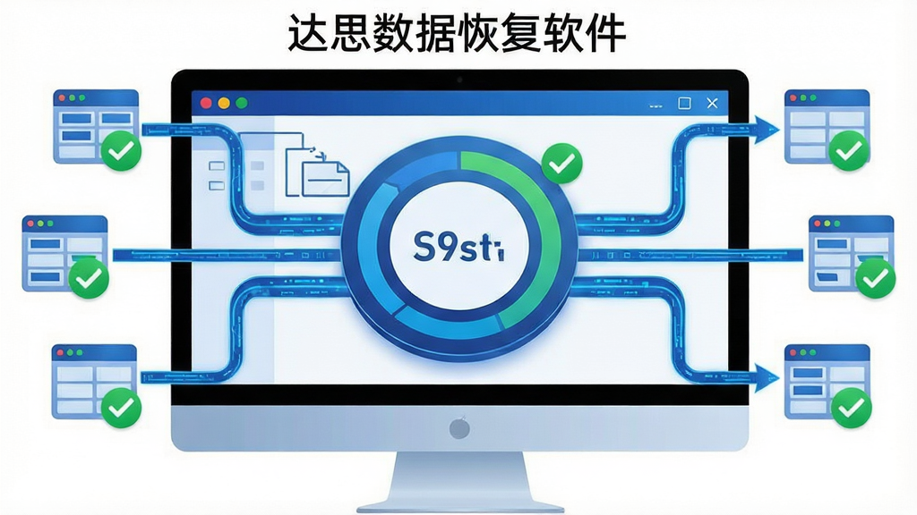 一幅展示数据库修复过程的示意图,主体为电脑屏幕中的数据库结构模型,布局以中央修复进度环为主,周围环绕数据表格图标,排版采用分步流程样式,风格为科技感插画,细节包含蓝色数据流线条、绿色对勾标记,画质高清晰度,干净无杂物,画面文字标注“达思数据恢复软件”