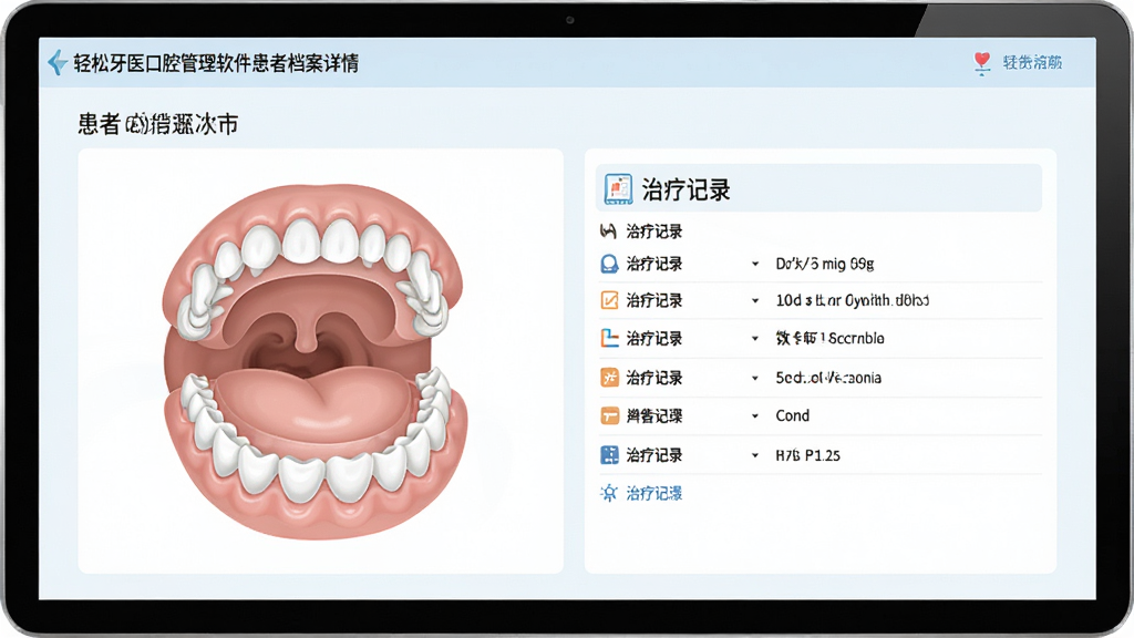 轻松牙医口腔管理软件患者档案详情页,包含牙齿图表和治疗记录,界面清晰,专业医疗风格,浅色背景,排版整齐,画质高清,干净无杂物
