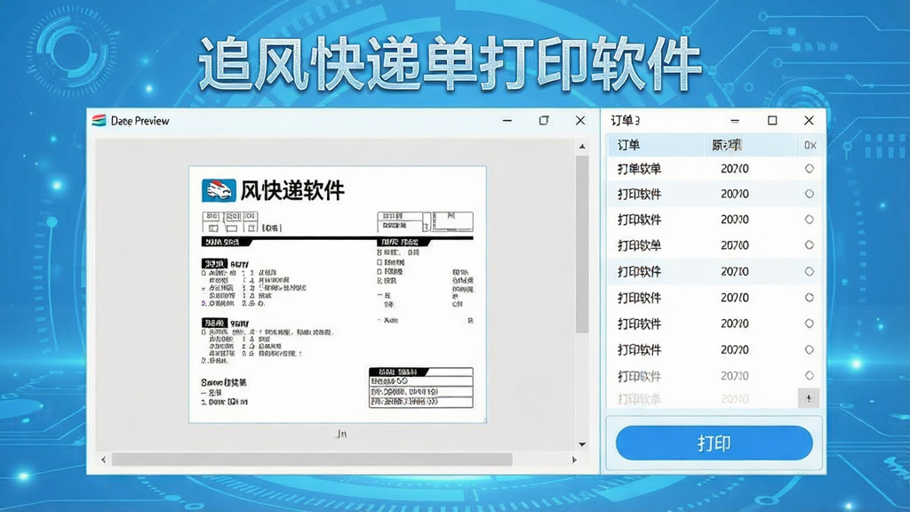 一张展示追风快递单打印软件主界面的高清截图,界面包含快递单预览区、订单列表、打印按钮,背景为淡蓝色科技感,整体干净明亮,文字标注
