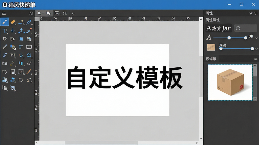 一张展示追风快递单打印软件模板编辑器的界面截图,左侧为工具箱,中间为编辑区域,右侧为属性面板,显示字体调整和预览效果,整体风格专业,文字标注