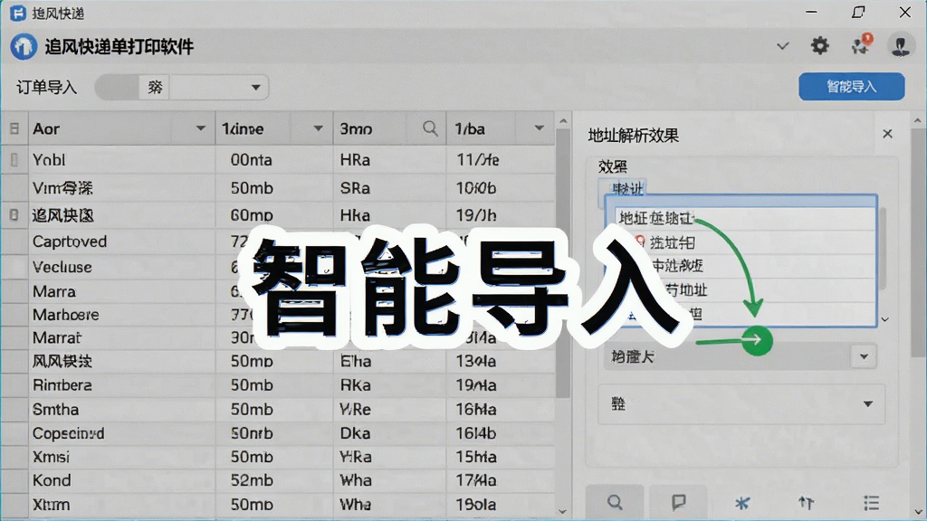 一张展示追风快递单打印软件订单导入功能的界面截图,背景为数据表格,有导入按钮和地址解析效果,界面清爽,文字标注