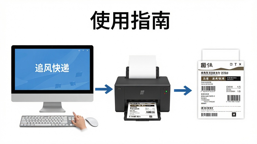一张展示追风快递单打印软件操作步骤的示意图,包含电脑、打印机、快递面单,有箭头指示打印流程,背景简洁,文字标注