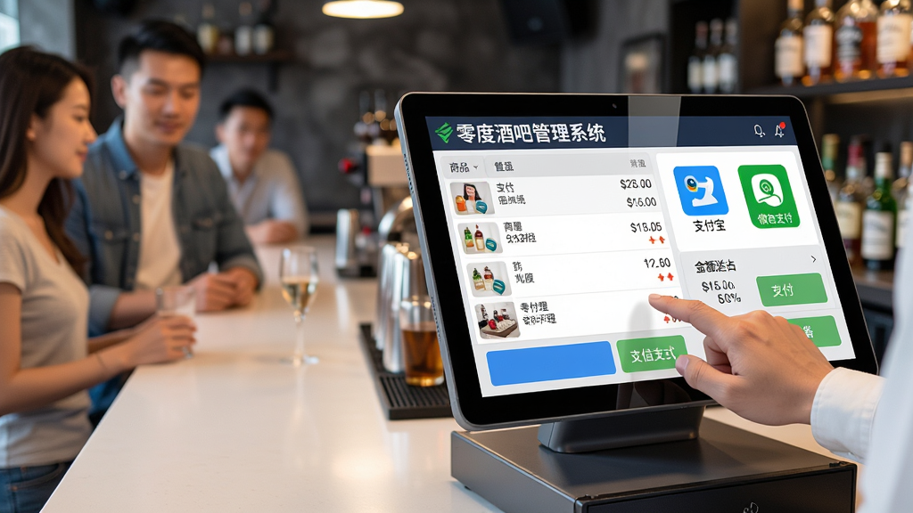 ���壺��Ⱦưɹ���ϵͳ���������ڴ���һ����ϵ�չʾ����������ʾ��Ʒ�б��������ܺ�֧����ʽѡ��ť�����֣�һ���λ�ڻ����Ҳ࣬����Ա��ָ�ᴥ��Ļ�����Ϊ�ȴ����˵Ĺ˿ͺͰ�̨�������Ű棺��Ļ����ռ������Ҫ����ͻ������Ⱦưɹ���ϵͳ��Ʒ�Ʊ�ʶ�͡�֧����������΢��֧����ͼ�ꡣ������������Ĳ��������ͼ����ʵ������ϣ�дʵ���ɫ�����졣ϸ�ڣ���Ļ�ϵļ۸���������������Ա��������������̨�ɾ����࣬���������黯�����ʣ�����ֱ��ʣ�ϸ���������ɾ����޶���Ԫ�ء�