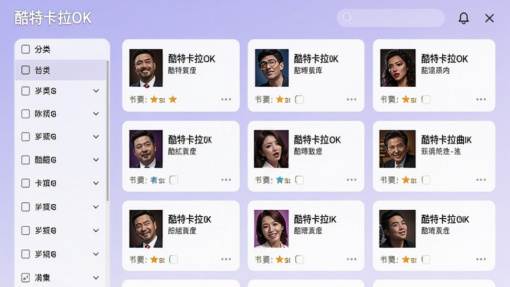 一张展示酷特卡拉OK曲库列表的界面截图,画面中显示多首歌曲名称和歌手信息,左侧有分类筛选栏,背景为淡紫色渐变,歌曲列表采用卡片式排版,清晰易读,风格简洁清新,细节丰富,画质干净,无多余元素,文字显示“酷特卡拉OK”