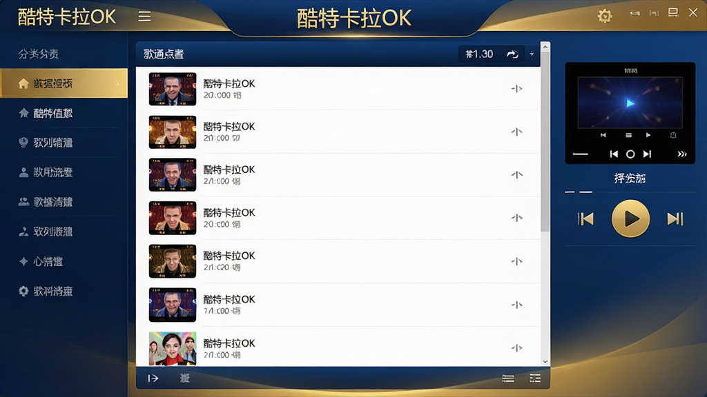 一张展示酷特卡拉OK软件主界面的高清截图,画面中央为歌曲点播列表,左侧为分类导航栏,右侧为播放控制区域,整体采用深蓝色与金色渐变主题,布局整齐,界面明亮,风格现代简洁,细节清晰,画质干净,无多余元素,文字显示“酷特卡拉OK”