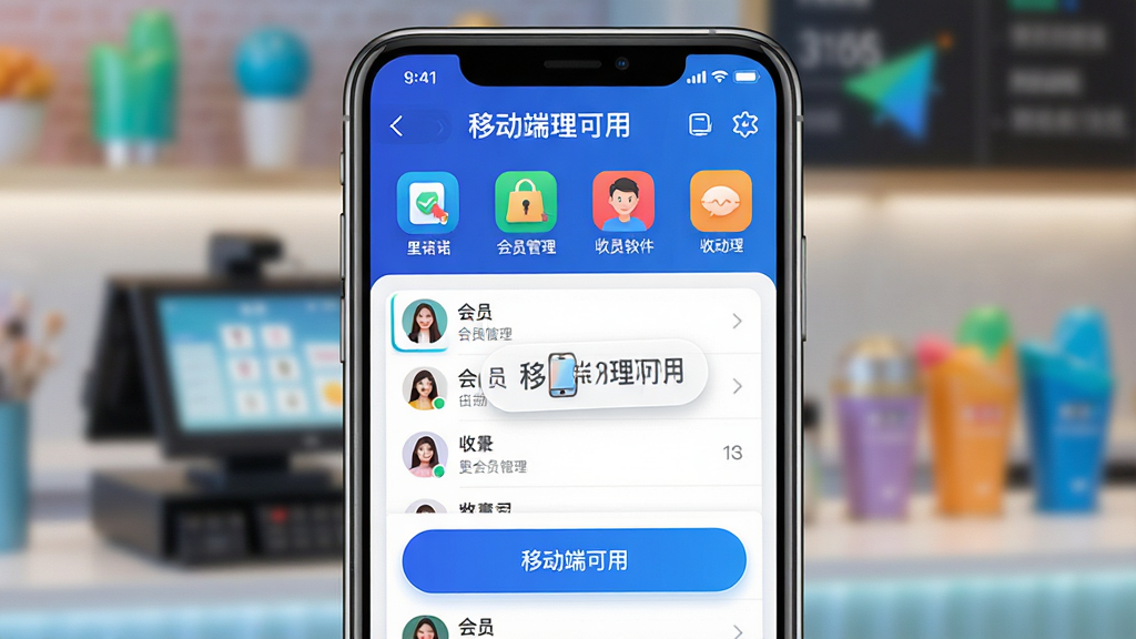 主体:里诺会员管理软件在手机上的模拟运行界面,展示移动端操作场景。布局:手机屏幕占据画面中央,两侧有模糊的背景装饰。排版:界面图标清晰,操作按钮醒目。风格:现代科技感,色彩鲜亮。细节:手机屏幕内显示会员列表和收银界面,并标注“移动端可用”字样。画质:高清,干净,无多余元素。