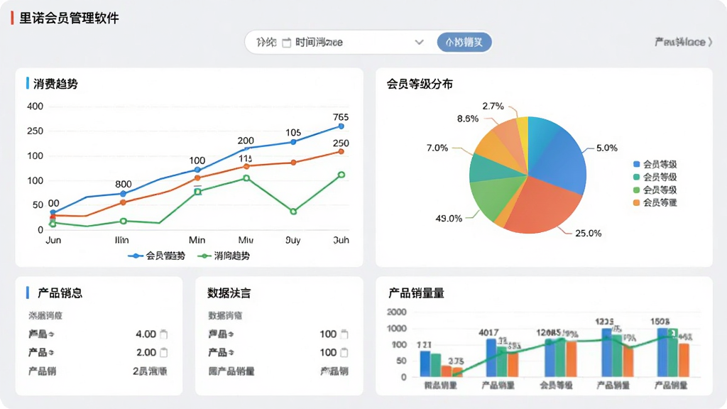 主体:里诺会员管理软件的营销分析界面,显示折线图、饼图和柱状图。布局:图表分布在界面不同区域,上方为时间筛选器,下方为数据汇总卡片。排版:图表颜色鲜艳,图例清晰,数据标签明确。风格:商务数据可视化风格,背景浅灰。细节:折线图表示消费趋势,饼图表示会员等级分布,柱状图表示产品销量。画质:高清,干净,无多余元素。